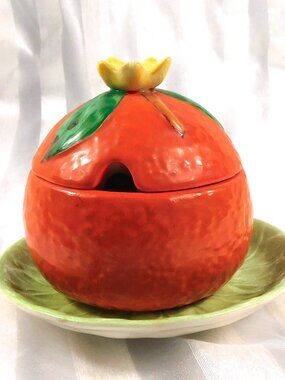 Carlton Ware Orange Shaped Jelly Jar or Honey Pot with Green Underplate # 27170